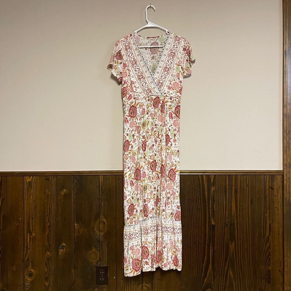 Pink floral v neck maxi dress